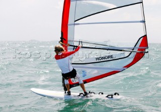 Qingdao, China, 20080811: 2008 OLYMPICS - third day of racing in the Olympic Sailing Event. Bettina Honore (DEN) -  RS:X Class. (no sale to Denmark)
