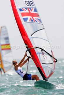 Qingdao, China, 20080811: 2008 OLYMPICS - third day of racing in the Olympic Sailing Event. Bryony Shaw (GBR) -  RS:X Class.  (no sale to Denmark)