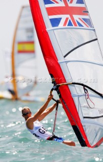 Qingdao, China, 20080811: 2008 OLYMPICS - third day of racing in the Olympic Sailing Event. Bryony Shaw (GBR) -  RS:X Class.  (no sale to Denmark)