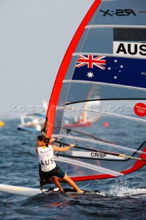 Qingdao, China, 20080815: 2008 OLYMPICS day 7 at the Olympic Sailing Regatta in Qingdao. RS:X ClassJessica Crisp (AUS) (no sale to Denmark)