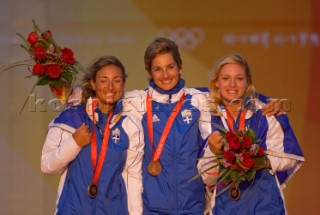 Qingdao (China) - 2008/08/17.  Olympic Games Yngling - Greece - Sofia Bekatorou, Sofia Papadopoulou and Virginia Kravarioti (Bronze medal)