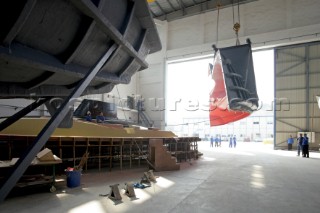 Yacht builders and skilled workers boatbuilding at the Hansheng shipyard and boatbuilders in China