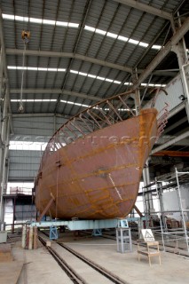 Yacht builders and skilled workers boatbuilding at the Kingship shipyard and boatbuilders in China