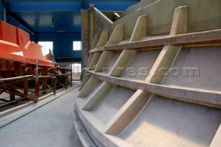 Yacht builders and skilled workers boatbuilding at the Ocean Alexander shipyard and boatbuilders in China