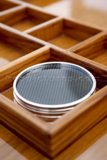 Detail of drinks coasters onboard the sailing superyacht YII Y2 near San Remo