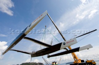 ANACORTES, USA - September 1st: The new BMW Oracle trimaran commissioned by Larry Ellyson and helmed and skippered by Russell Coutts touches the water and undergoes preliminary sailing trials following its build in total secrecy in a shipyard in Anacortes, USA. The yacht is 90ft long and 90ft wide with a mast of 158ft. It has been built to race the Swiss defender Alinghi in the 33rd Americas Cup. It is probably the fastest and most powerful multihull ever built.