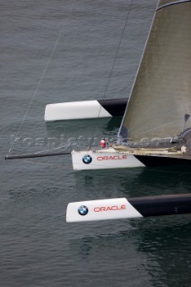 ANACORTES, WA - SEPTEMBER 2: The new BMW Oracle trimaran commissioned by Larry Ellyson and helmed and skippered by Russell Coutts touches the water and undergoes preliminary sailing trials following its build in total secrecy in a shipyard in Anacortes, USA. The yacht is 90ft long and 90ft wide with a mast of 158ft. It has been built to race the Swiss defender Alinghi in the 33rd Americas Cup. It is probably the fastest and most powerful multihull ever built.