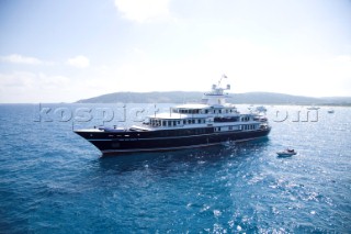 Luxury superyacht Leander owned by Sir Donald Gosling moored by Les Iles des Lerins near Cannes, South of France.