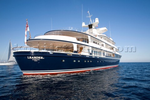 Luxury superyacht Leander owned by Sir Donald Gosling moored by Les Iles des Lerins near Cannes Sout