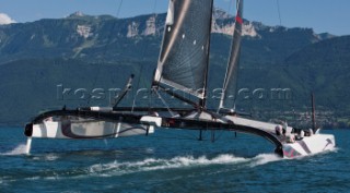 Alinghi 5, the giant catamaran multihull which will defend the 33rd Americas Cup sailing on Lake Geneva. (Editorial Only)