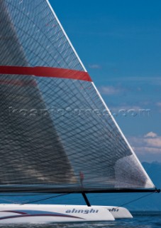 Alinghi 5, the giant catamaran multihull which will defend the 33rd Americas Cup sailing on Lake Geneva. (Editorial Only)