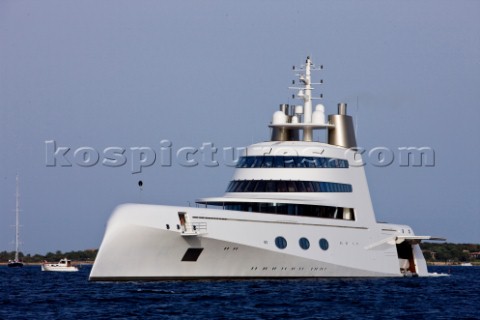 Superyacht called A designed by Philippe Stark anchored off Porto Cervo in Sardinia Owner Roman Abra