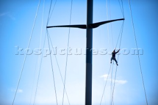VALENCIA, SPAIN: Sailor going on top of the mast - Valencia at the 33rd Americas Cup.