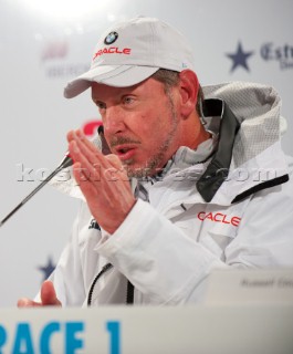 FEBRUARY 12TH 2010, VALENCIA, SPAIN: BMW Oracle press conference at la Darsena base in Valencia with Larry Ellison after the 1st race of the 33rd Americas Cup.