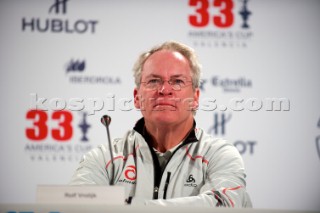 FEBRUARY 12TH 2010, VALENCIA, SPAIN: Press conference with Rolf Vrojik at la Darsena base in Valencia after the 1st race of the 33rd Americas Cup.