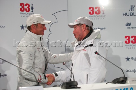 Larry Ellison winner Americas Cup shaking hands with the loser Ernesto Bertarelli of Alinghi