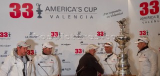 Valencia, 2/14/10. Alinghi5 33rd Americas Cup. Day 7 - Race 2. GGYC wins the 33rd Americas Cup Match. James Spithill, Russell Coutts, Larry Ellison, Brad Butterworth. Guido Trombetta / Alinghi/SEASEE.COM