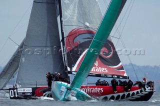 Emirates Team New Zealand cross behind Quantum Racing (USA). Race four of the Trophy of Portugal MedCup Regatta. 13/5/2010