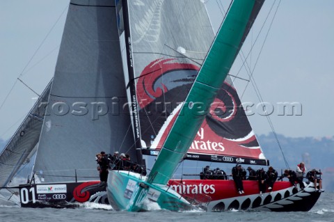 Emirates Team New Zealand cross behind Quantum Racing USA Race four of the Trophy of Portugal MedCup