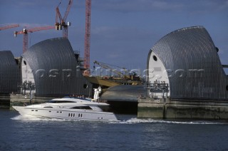 Fairline Squadron 74 passes through the Thames Barrier in London