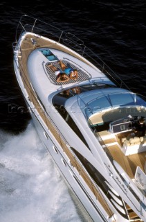 Aerial view of Fairline Squadron 58 power boat at full speed