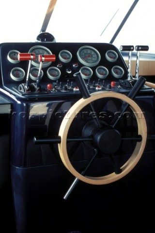 Wheel dials and controls on a modern powerboat