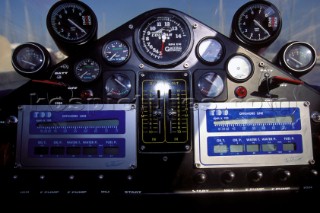 Detail of control dashboard inside cockpit of offshore racing power boat