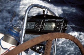 Detail of instrument displays and helm position on board a Swan 48