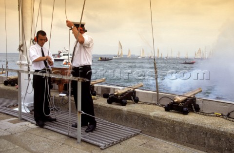 Race Officers signal the start of a race on the platform of the Royal Yacht Squadron Cowes Isle of W