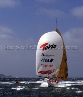 Whitbread 60 Tokio blasts along on the plane under spinnaker at the finish of the Whitbread Round the World Race 1993/1994