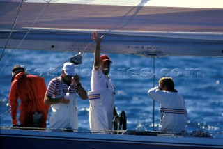 Dennis Connor with crew on board Stars & Stripes during the Americas Cup in 1987