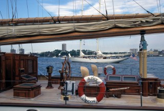 Classic two masted schooner Adela passing Adix