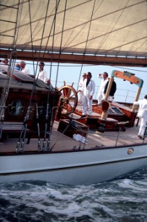 Crew on aft deck on classic sailing yacht Adix