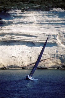 Wally maxi Carrera sailing in front of Bonifacio in Corsica