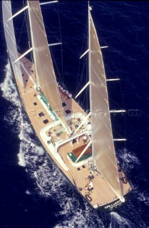 Aerial view showing deck layout of the famous Wally yacht Wallygator