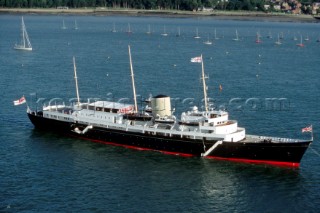 Aerial view the Royal motor yacht Britannia moored in the Solent, Isle of Wight, UK
