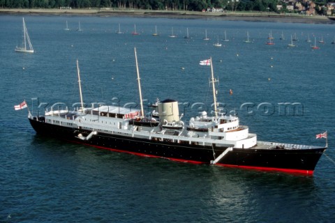 Aerial view the Royal motor yacht Britannia moored in the Solent Isle of Wight UK