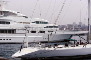 Motor Superyacht Lady Gislane and Maxi yacht Il Moro di Venezia moored in Antibes, France
