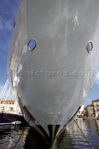 Bow of Superyacht moored in the port of St Tropez