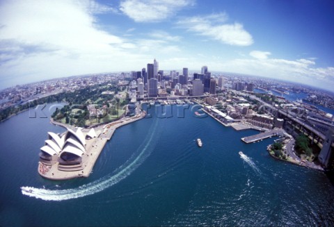 Aerial view of Sydney Harbour and city skyline including the landmark Opera House