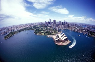 Aerial view of Sydney Harbour and city skyline including the landmark Opera House