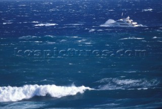 Superyacht My Way in rough seas. Porto Cervo, Sardinia