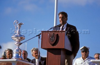 American Americas Cup skipper Dennis Conner during a presentation of the Americas Cup in 1987