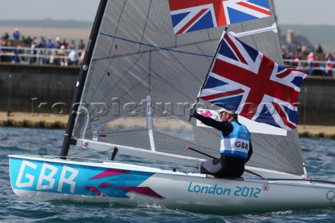 WEYMOUTH ENGLAND  AUGUST 5th Ben Ainslie of Great Britain wins Gold Medal in the Mens Finn sailing d