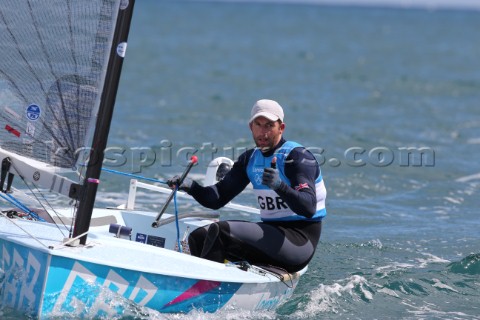 WEYMOUTH ENGLAND  AUGUST 5th Ben Ainslie of Great Britain wins Gold Medal in the Mens Finn sailing d