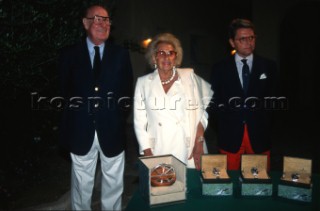 Mr & Mrs Andre Heiniger, President of Rolex Geneva, present the awards with Gian Riccado Marini, President of Rolex ItalyMaxi Yacht Rolex Cup 1995. Porto Cervo, Sardinia.