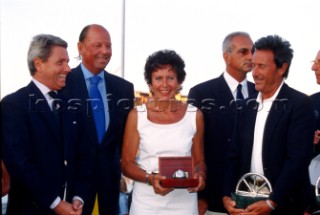 From left: Gian Riccardo Marini, President of Rolex Italy, Patrick Heiniger President of Rolex Geneva - Present awards to Mr & Mrs Riccardo Bonedeo, Commodore of YCCS. Maxi Yacht Rolex Cup 2000. Porto Cervo, Sardinia.