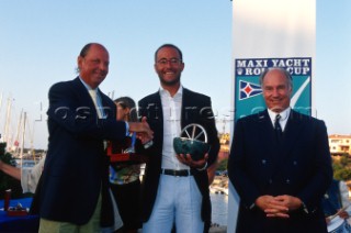 Patrick Heiniger, President of Rolex Geneva. Right: His Highness the Aga Khan. Maxi Yacht Rolex Cup 2001. Porto Cervo, Sardinia.