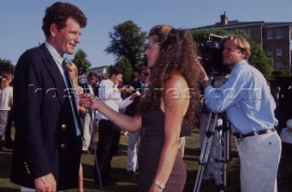 Wimbledon tennis player Annabel Croft interviews Americas Cup skipper Harold Cudmore. Rolex Commodores Cup 1994