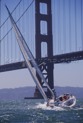 Nautor Swan boat sailing in front of the Golden Gate Bridge San Francisco USA